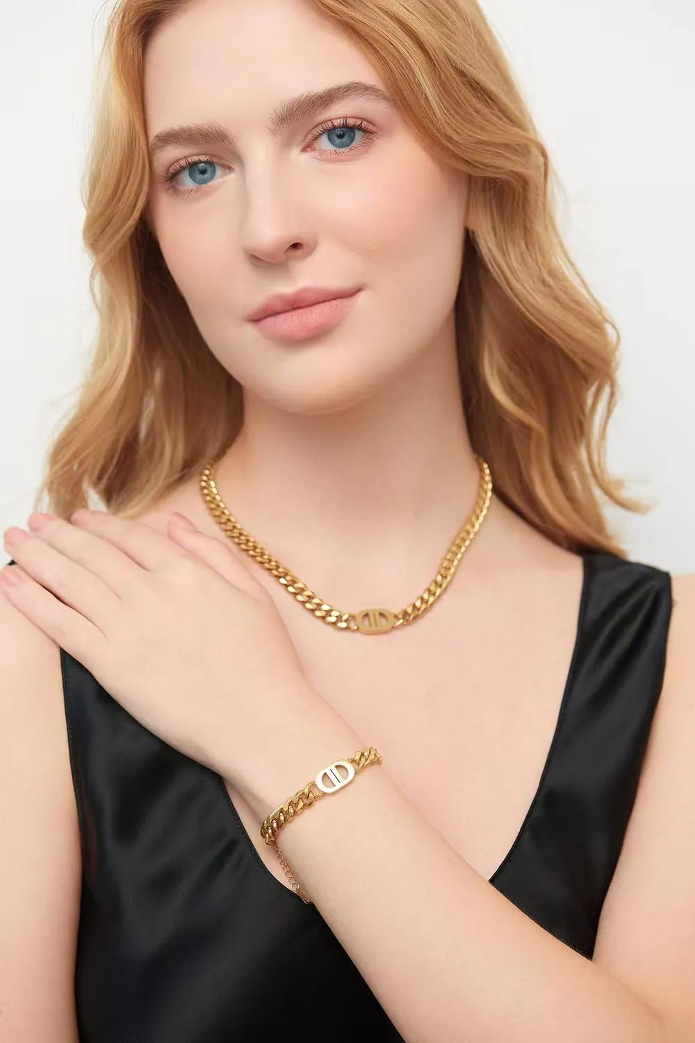 Gold Jewelry Set for Women,Classic 18K Gold Ladies' Letter Necklace and Bracelets,Elegant Cuban Chain,Women Valentine Anniversary Birthday Friendship Gift
