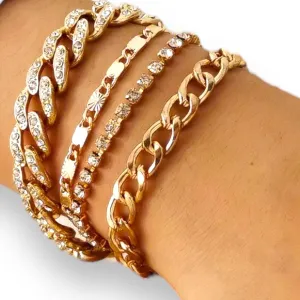 Gold Rhinestone Chunky Bangle Bracelet Set of 4