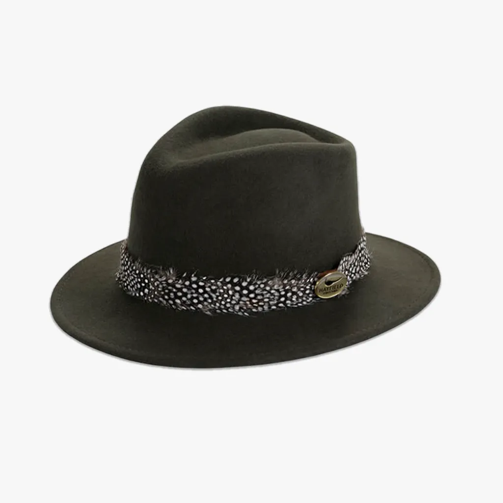 Green Fedora with Guinea Fowl Wrap
