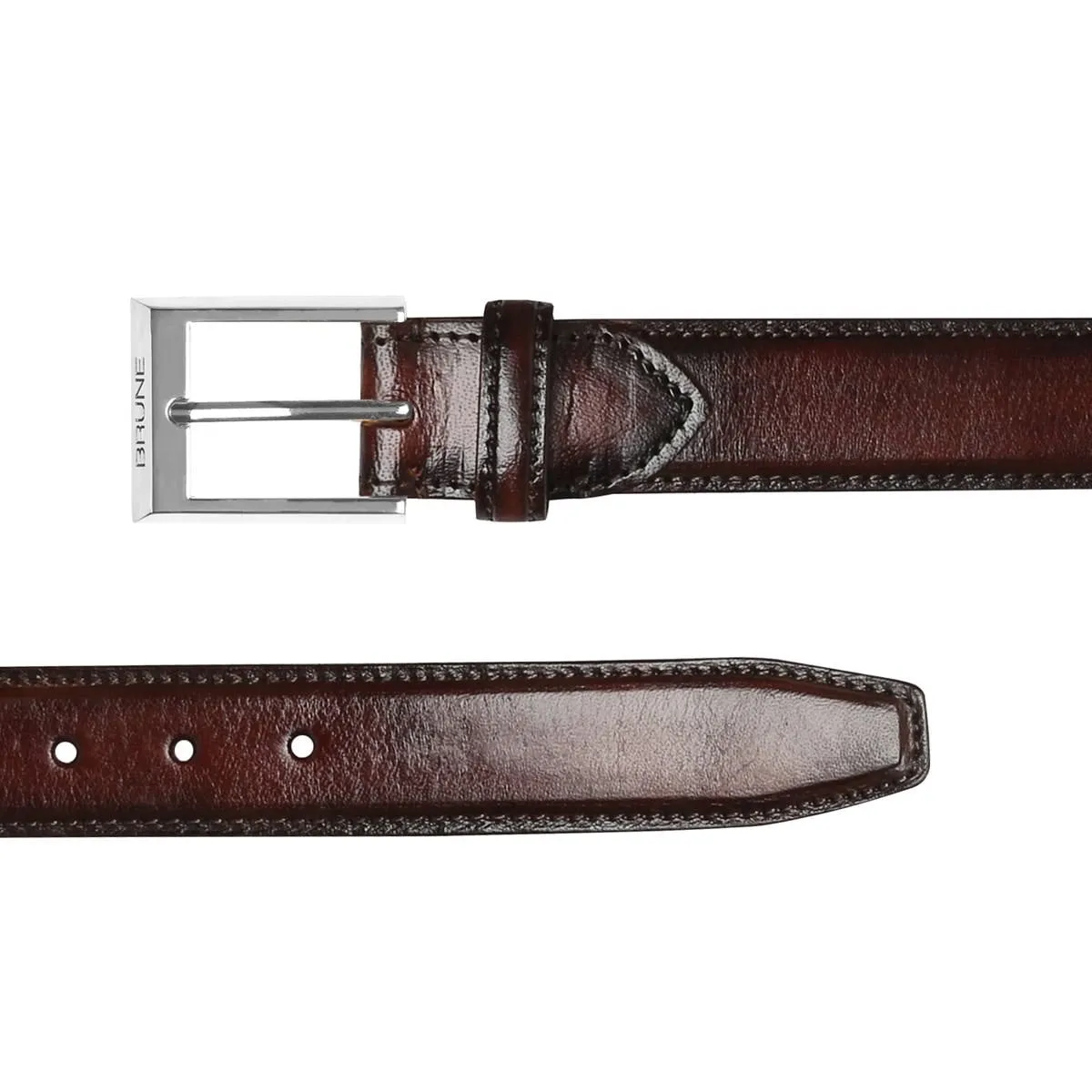Hand Painted Leather Formal Belt in Dark Brown With Silver Square Buckle