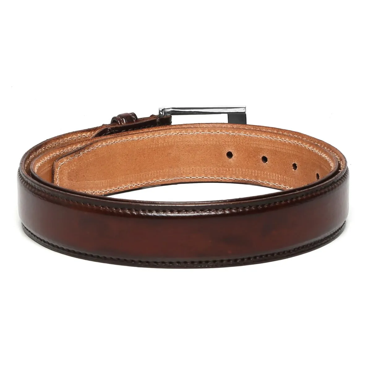 Hand Painted Leather Formal Belt in Dark Brown With Silver Square Buckle