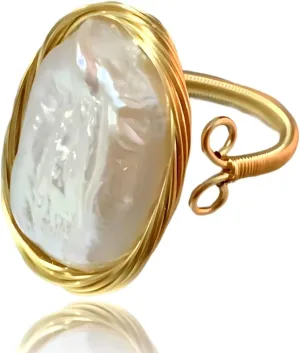 Handcrafted Baroque Pearl Ring Winding Design Opening Adjustable 14k Gold Plated Material,White