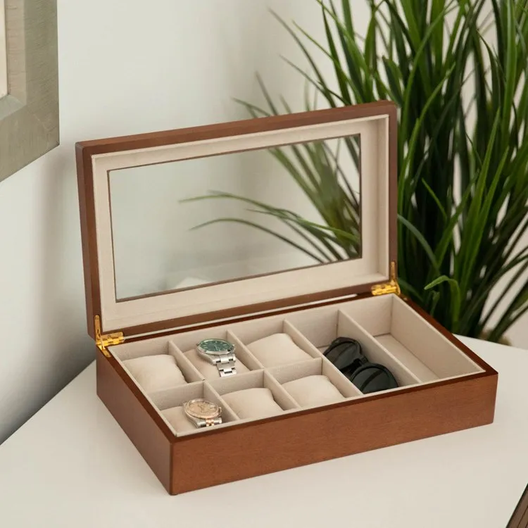 Harvey Watch/Eyeglass Wood Storage Box with Glass Top - Cherry
