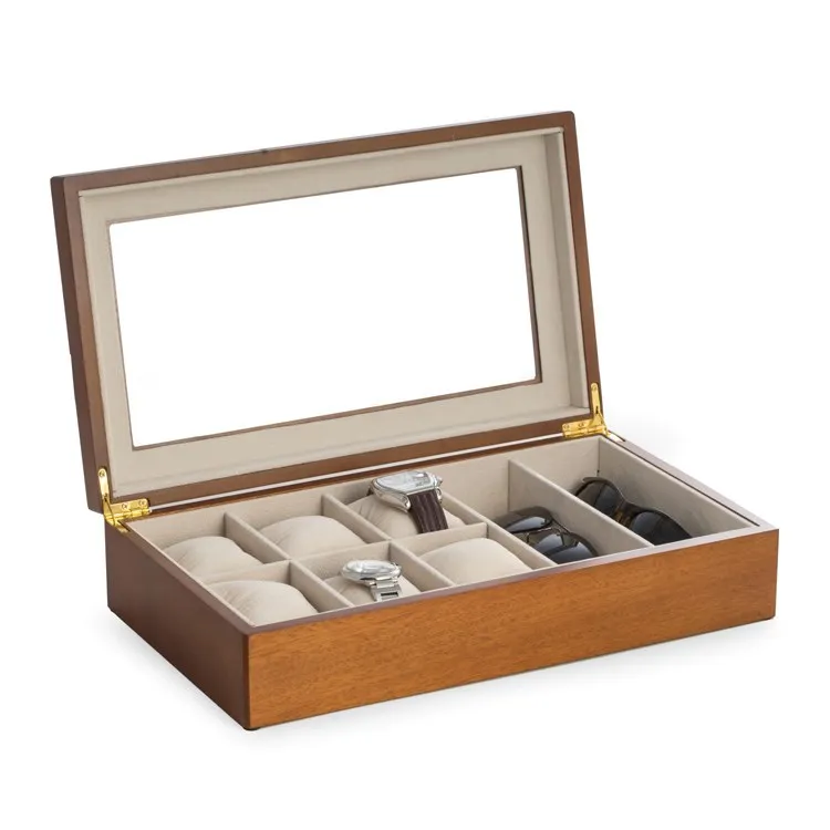 Harvey Watch/Eyeglass Wood Storage Box with Glass Top - Cherry