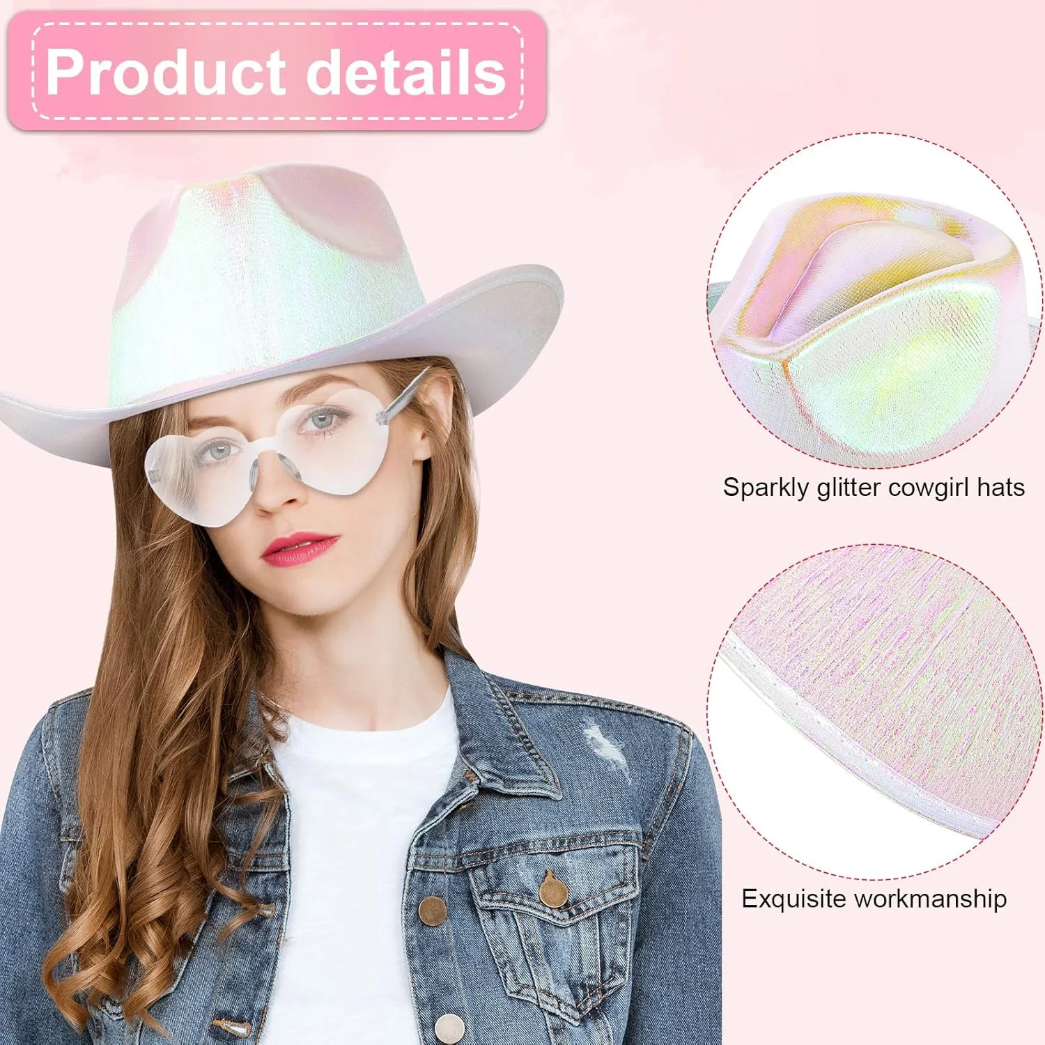 Haysandy 12 Pcs Holographic Space Cowgirl Hat with Rimless Sunglasses Neon Sparkly Cowboy Hat and Heart Sunglasses for Women