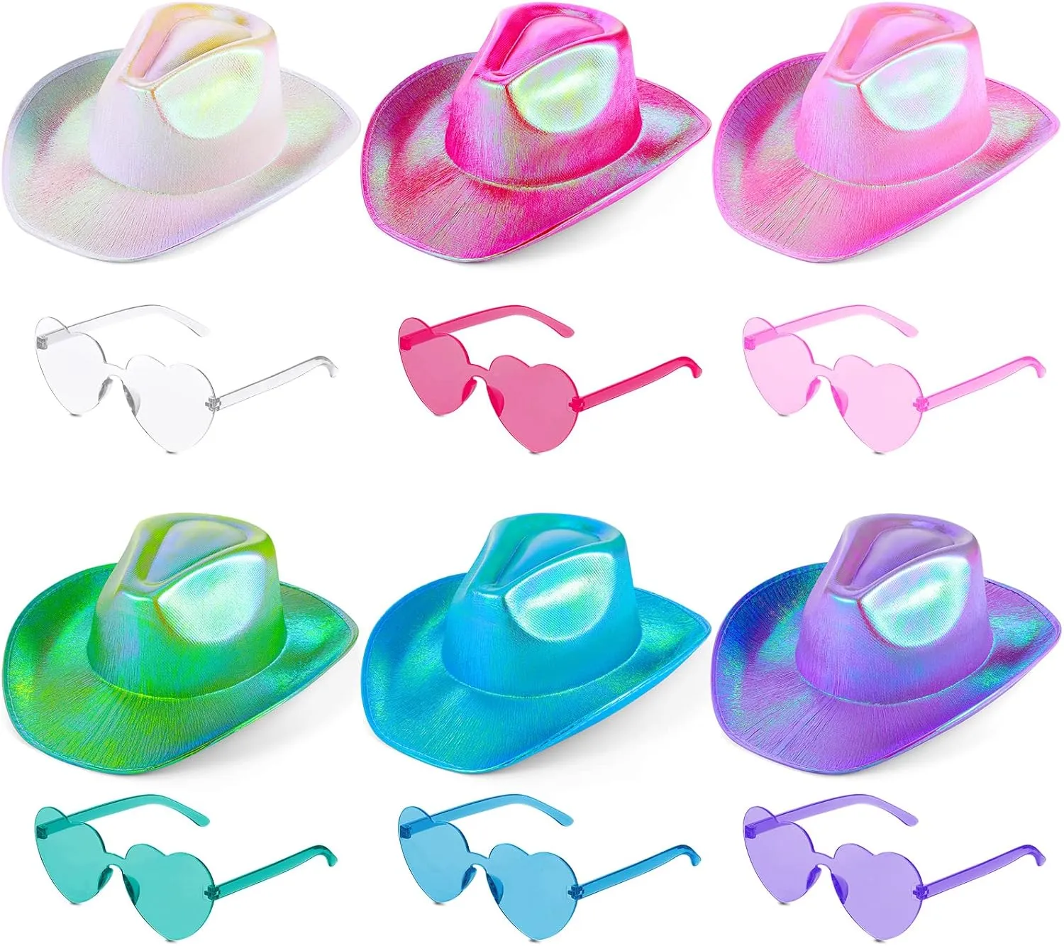 Haysandy 12 Pcs Holographic Space Cowgirl Hat with Rimless Sunglasses Neon Sparkly Cowboy Hat and Heart Sunglasses for Women