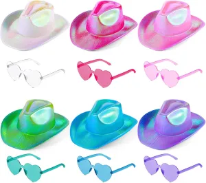 Haysandy 12 Pcs Holographic Space Cowgirl Hat with Rimless Sunglasses Neon Sparkly Cowboy Hat and Heart Sunglasses for Women