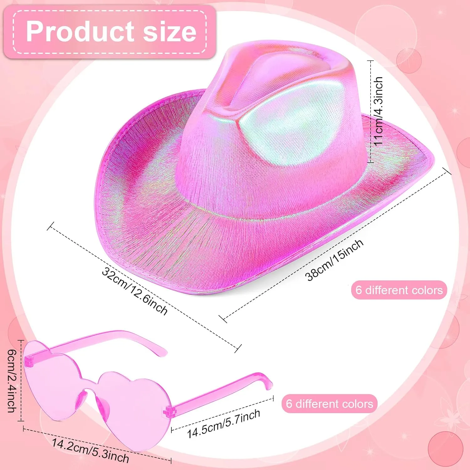 Haysandy 12 Pcs Holographic Space Cowgirl Hat with Rimless Sunglasses Neon Sparkly Cowboy Hat and Heart Sunglasses for Women
