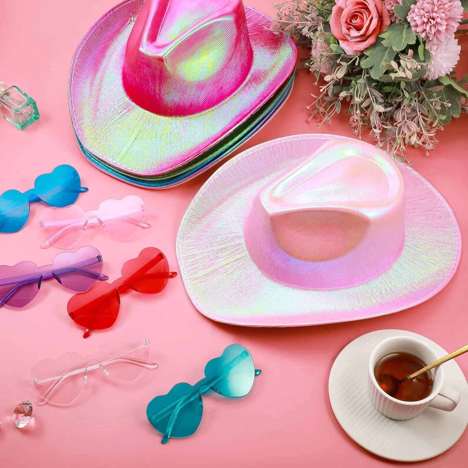 Haysandy 12 Pcs Holographic Space Cowgirl Hat with Rimless Sunglasses Neon Sparkly Cowboy Hat and Heart Sunglasses for Women