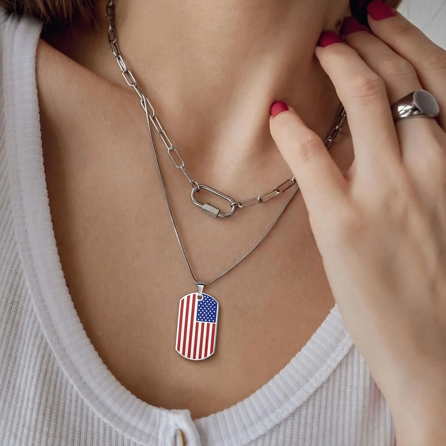 Hipunk Stainless Steel American USA Flag Pendant Necklace - Dog Tag Heart Bible Verse Cross Necklace Religious Pendant Patriot Gifts for National Independence Day Girls Women Men