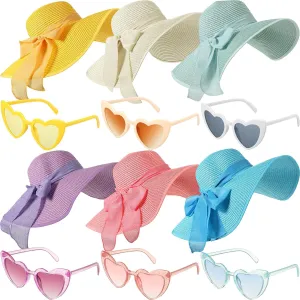 Jeyiour 12 Pcs Women Floppy Summer Hat Wide Brim with Heart Shape Glasses Big Bowknot Straw Hat Sun Hats Heart Sunglasses