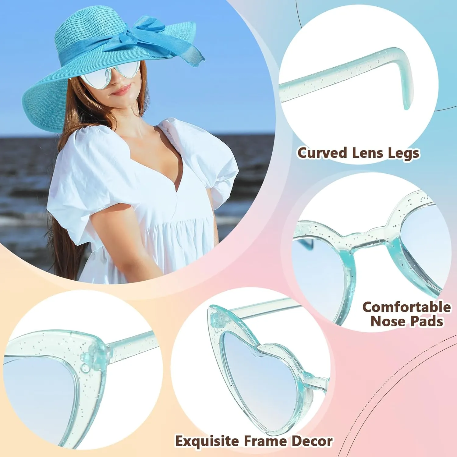Jeyiour 12 Pcs Women Floppy Summer Hat Wide Brim with Heart Shape Glasses Big Bowknot Straw Hat Sun Hats Heart Sunglasses