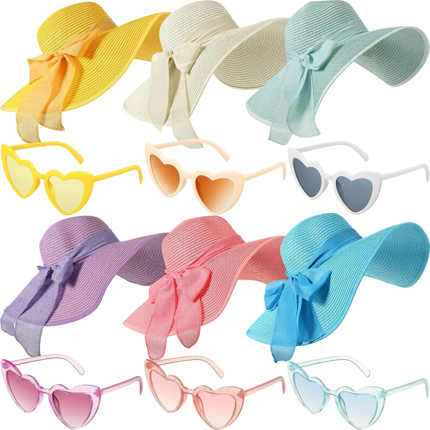 Jeyiour 12 Pcs Women Floppy Summer Hat Wide Brim with Heart Shape Glasses Big Bowknot Straw Hat Sun Hats Heart Sunglasses