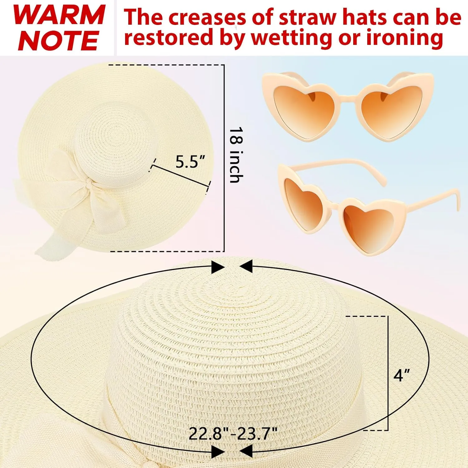 Jeyiour 12 Pcs Women Floppy Summer Hat Wide Brim with Heart Shape Glasses Big Bowknot Straw Hat Sun Hats Heart Sunglasses
