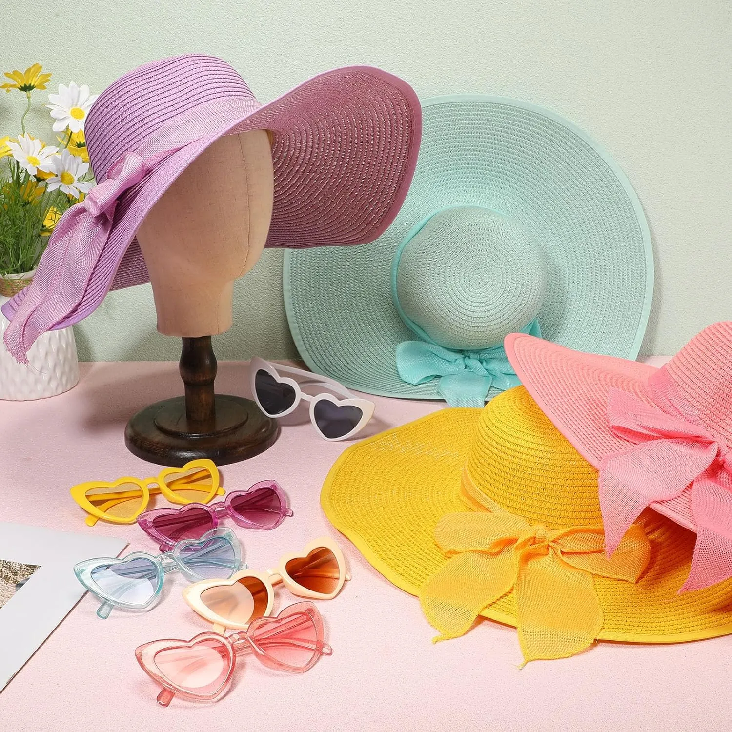 Jeyiour 12 Pcs Women Floppy Summer Hat Wide Brim with Heart Shape Glasses Big Bowknot Straw Hat Sun Hats Heart Sunglasses