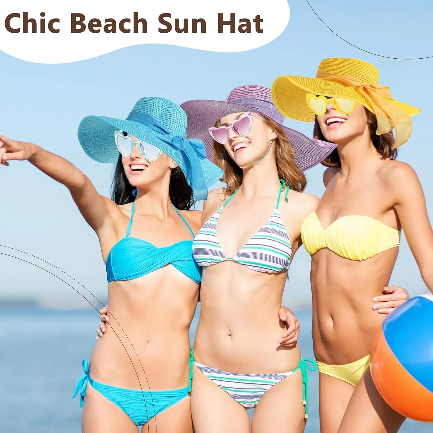 Jeyiour 12 Pcs Women Floppy Summer Hat Wide Brim with Heart Shape Glasses Big Bowknot Straw Hat Sun Hats Heart Sunglasses