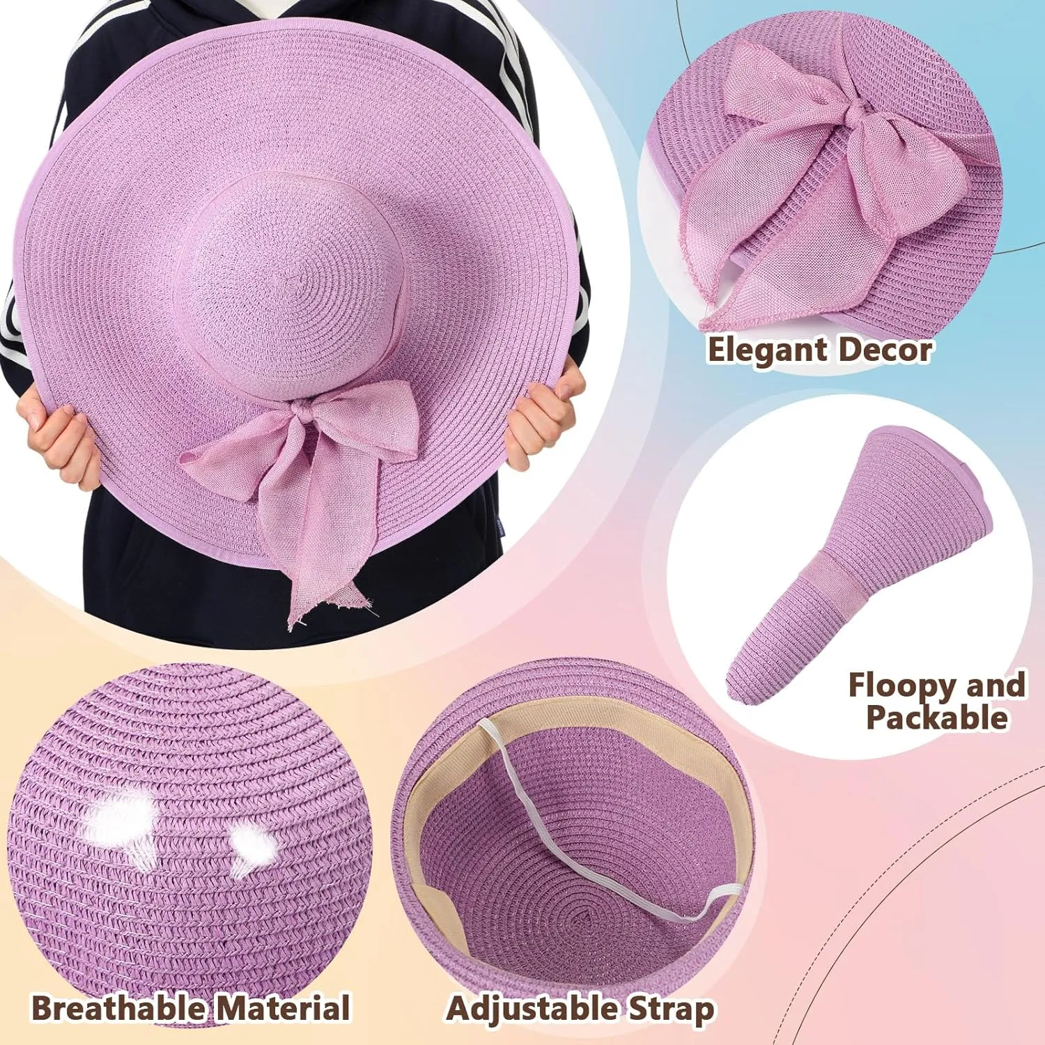 Jeyiour 12 Pcs Women Floppy Summer Hat Wide Brim with Heart Shape Glasses Big Bowknot Straw Hat Sun Hats Heart Sunglasses