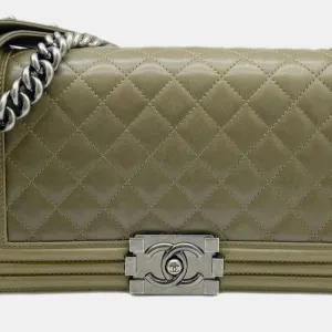 Khaki Lambskin Leather Large Boy Shoulder Bag