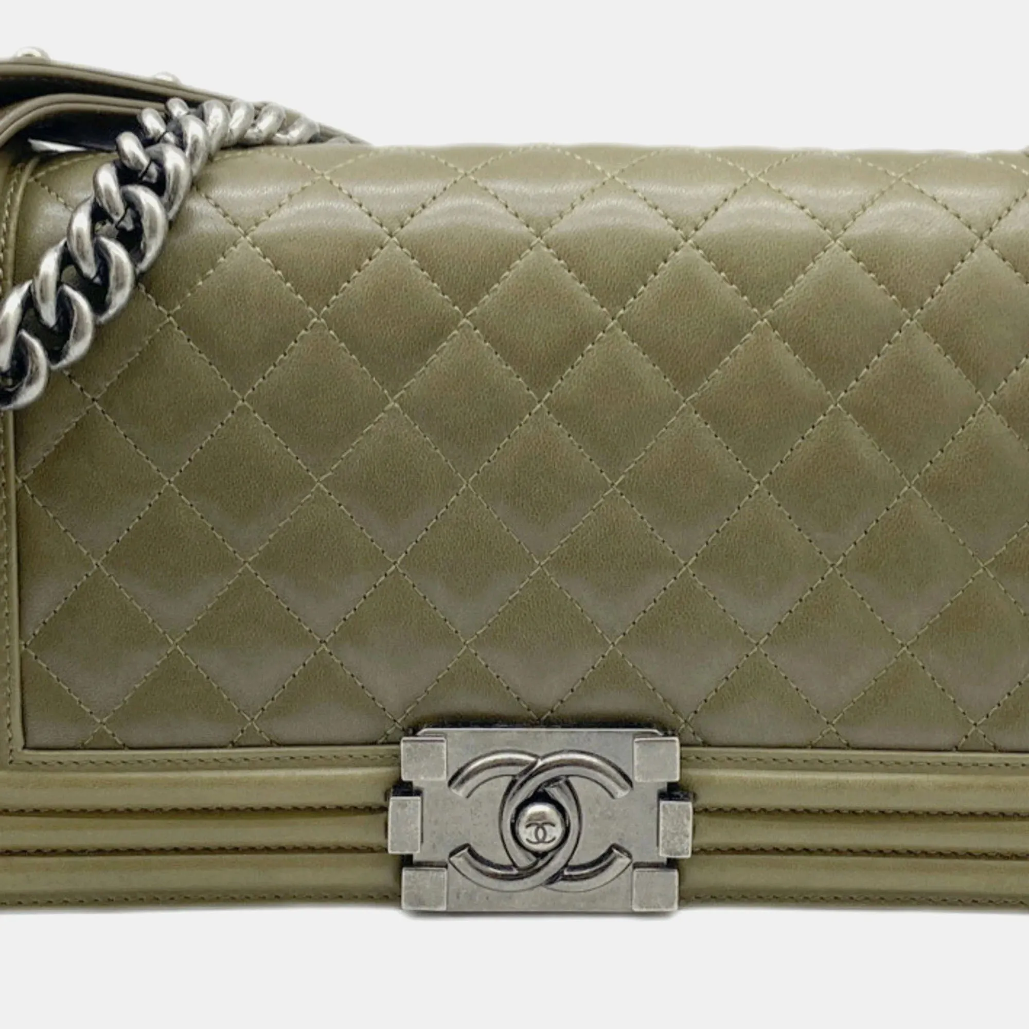Khaki Lambskin Leather Large Boy Shoulder Bag