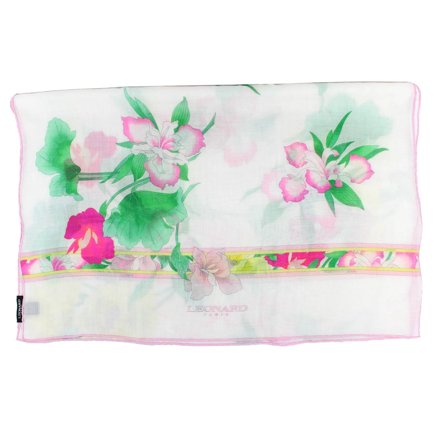 Leonard Paris Scarf White Pink Floral Design - Cashmere Silk Shawl SALE