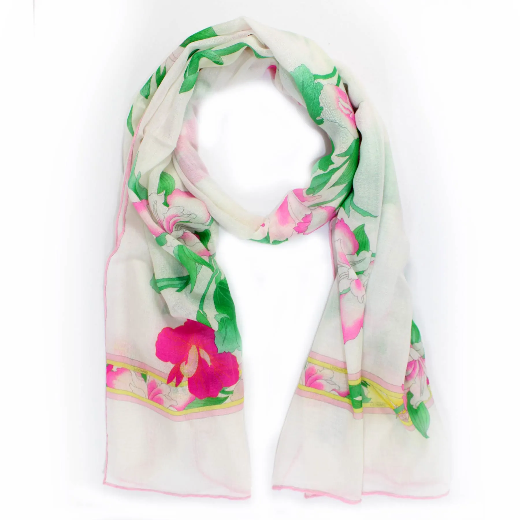 Leonard Paris Scarf White Pink Floral Design - Cashmere Silk Shawl SALE