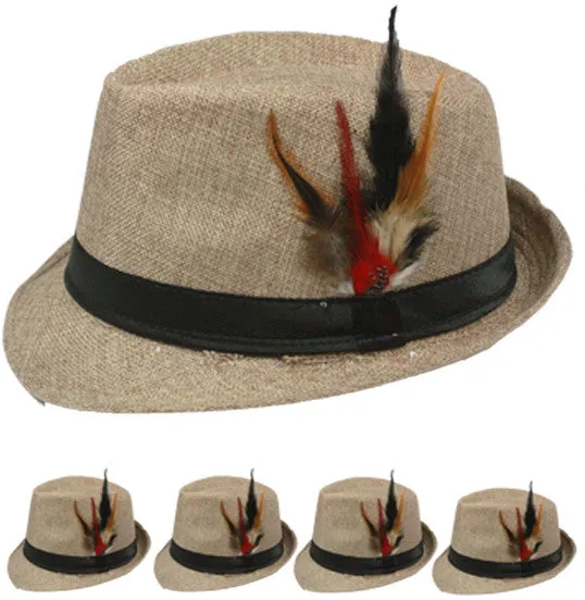 light brown fedora hat with feather Case of 72