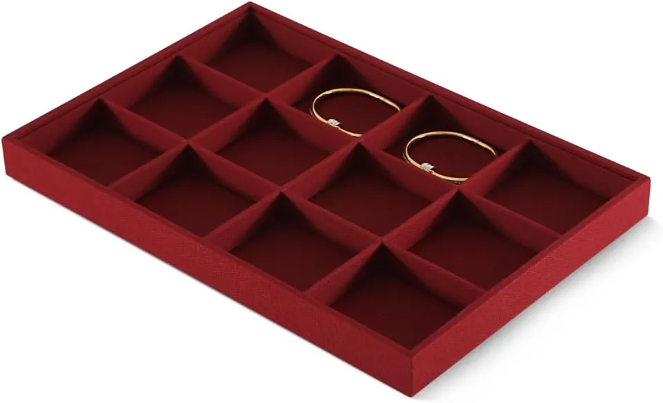 Linen 12 Grid Stackable Bangle Storage Tray, Bracelet Watch Display Tray, Jewelry Shop Counter Showcase Table Top Organizers, Makeup Table Drawer Insert Jewelry Tray