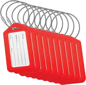 Luggage Tags (Small, Red, 10 PK) - Suitcase Tags w/Name ID Card & Heavy-Duty Metal Wire Loops - Bright Colored PVC Tags for Travel Baggage - Backpack Name Labels