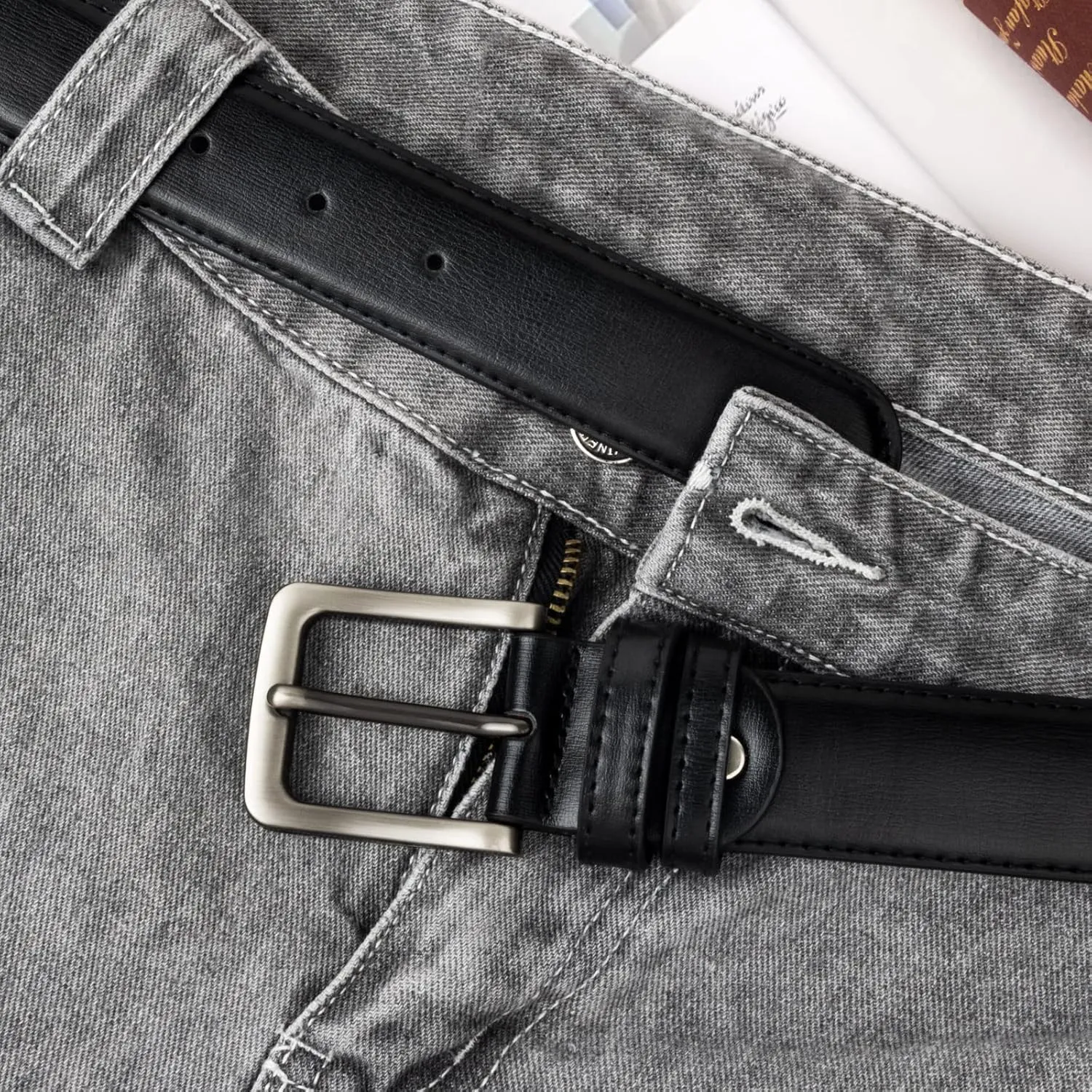 maikun Mens Black Leather Belt, Casual Dress Belts For Men, Classic Design Pin Buckle