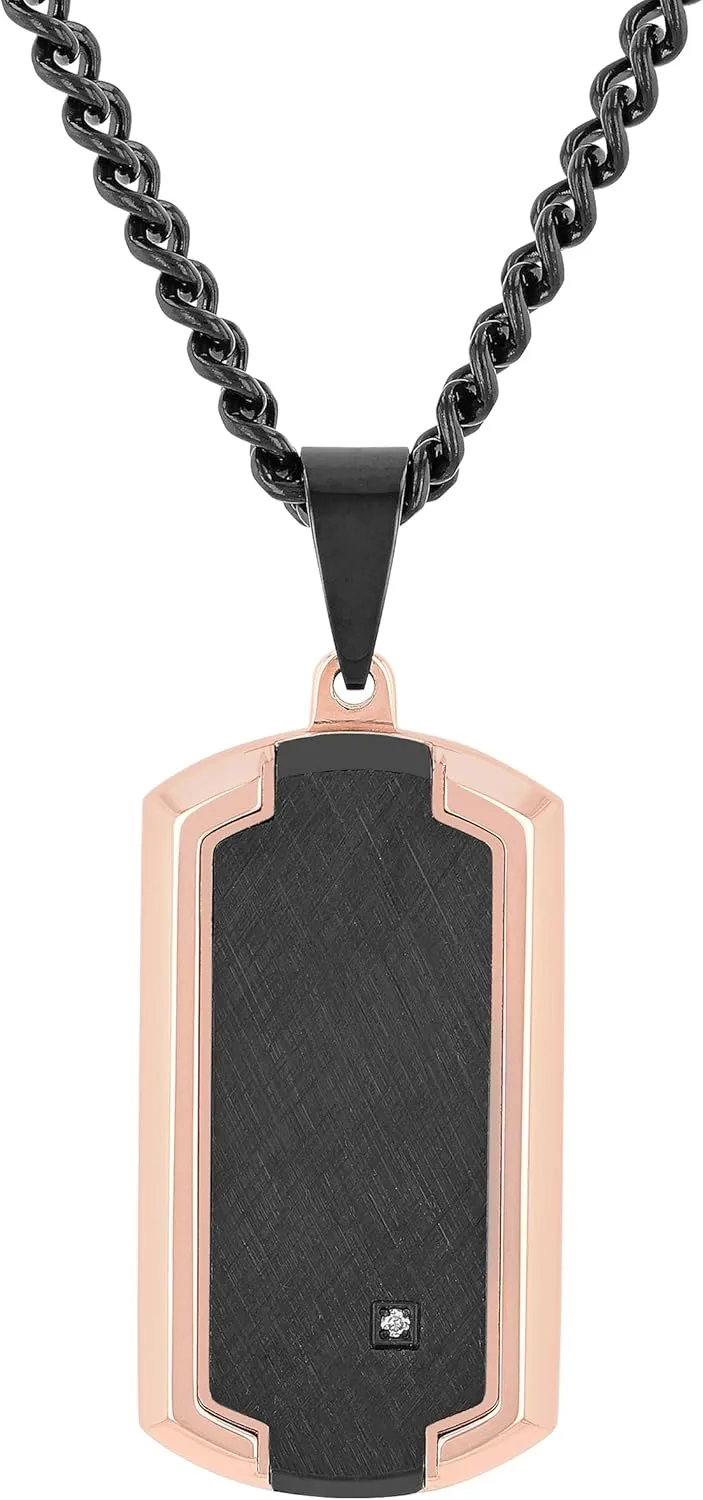 Men's Accent Dog Tag Pendant Stainless Steel, Black & Rose Finish, Elegant Curb Chain, 24-inch