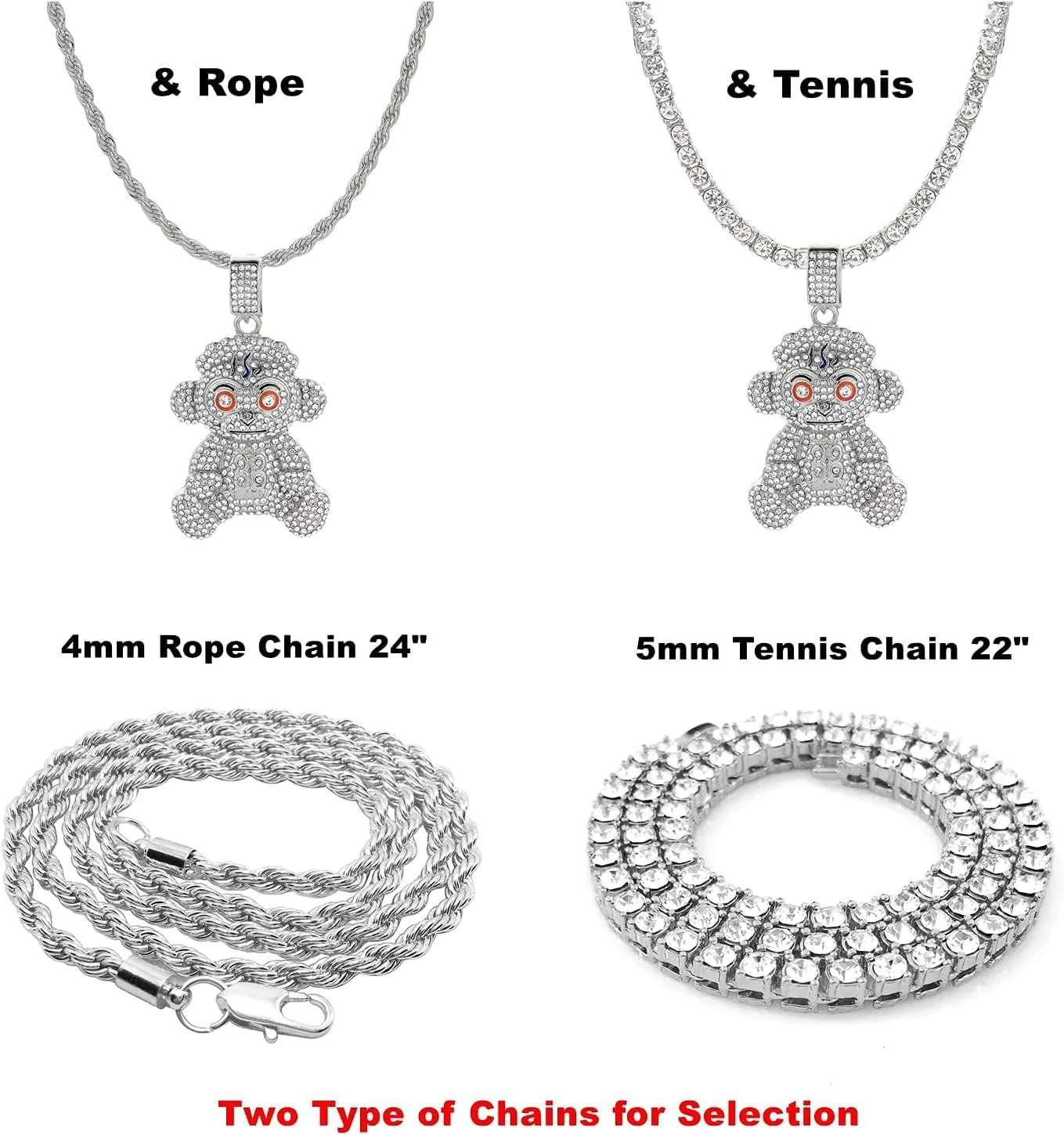 Mens Hip Hop Iced Out Chain Necklaces Silver Gold Monkey | Bear | Lion Pendant Chains Bling Rapper Jewelry
