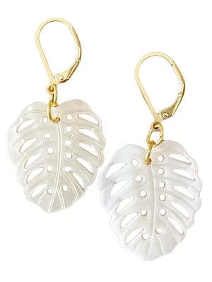 Mother of Pearl Monstera Earrings, Natural Sea Shell Tropical Leaf Earrings, Small Gold Plated Drop Dangle Leverback, Trendy Women Girl Gift (White)