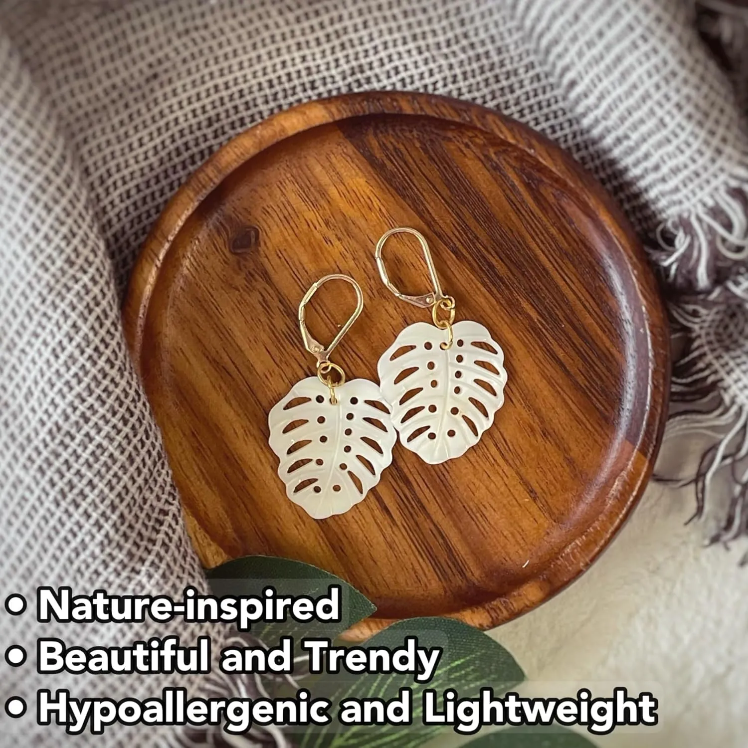 Mother of Pearl Monstera Earrings, Natural Sea Shell Tropical Leaf Earrings, Small Gold Plated Drop Dangle Leverback, Trendy Women Girl Gift (White)