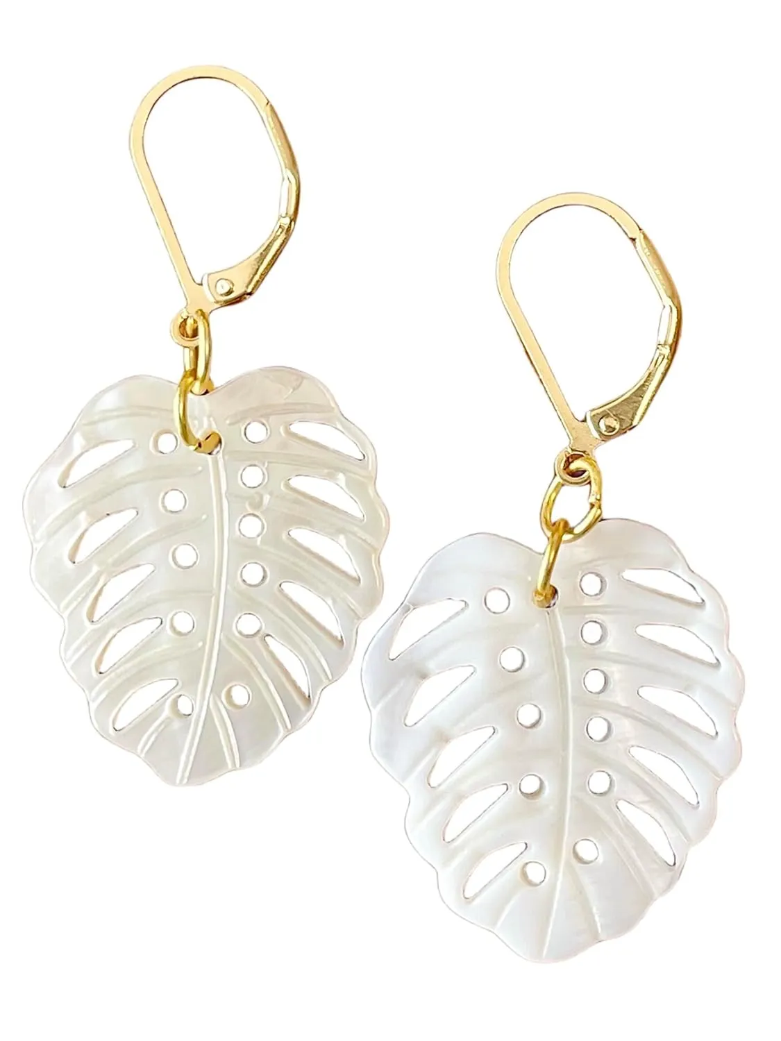 Mother of Pearl Monstera Earrings, Natural Sea Shell Tropical Leaf Earrings, Small Gold Plated Drop Dangle Leverback, Trendy Women Girl Gift (White)