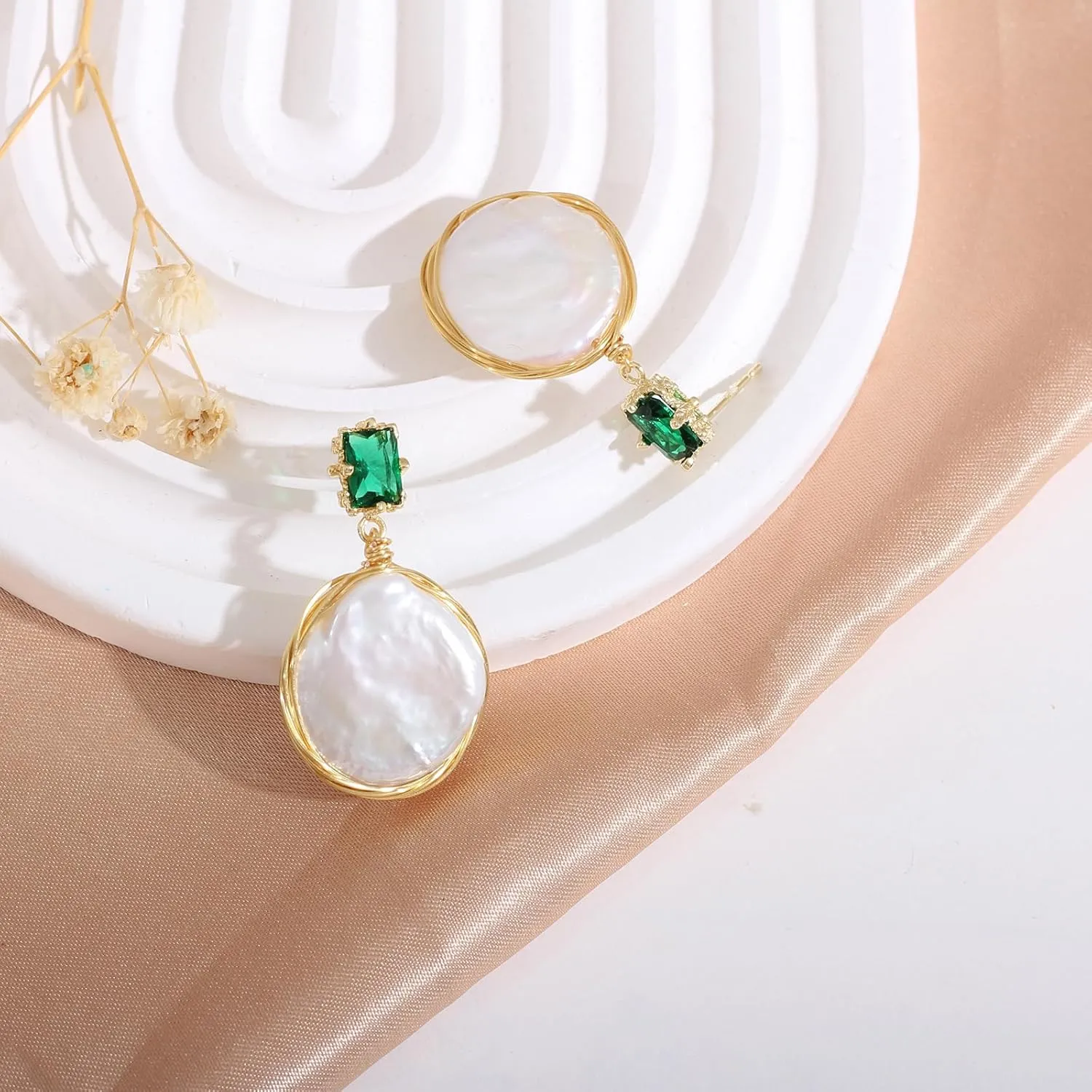 Natural Baroque Freshwater Pearl Dangle Drop Earrings for Women, Wire Wrap Gold Stud Earrings Jewelry with Green Gemstone, Best Gift for Mom Lover Her (14K Gold Plated)