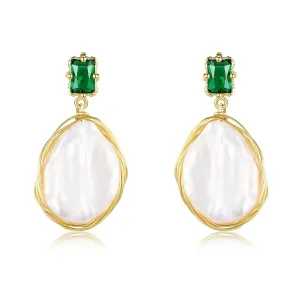 Natural Baroque Freshwater Pearl Dangle Drop Earrings for Women, Wire Wrap Gold Stud Earrings Jewelry with Green Gemstone, Best Gift for Mom Lover Her (14K Gold Plated)