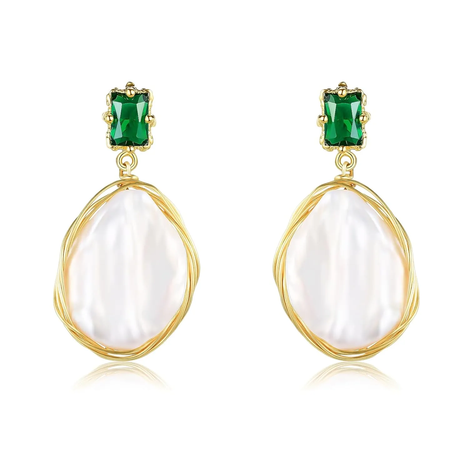 Natural Baroque Freshwater Pearl Dangle Drop Earrings for Women, Wire Wrap Gold Stud Earrings Jewelry with Green Gemstone, Best Gift for Mom Lover Her (14K Gold Plated)