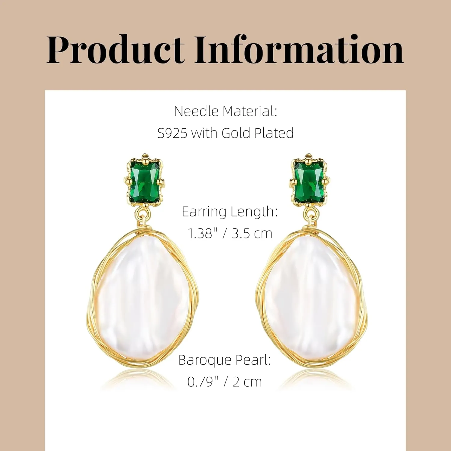 Natural Baroque Freshwater Pearl Dangle Drop Earrings for Women, Wire Wrap Gold Stud Earrings Jewelry with Green Gemstone, Best Gift for Mom Lover Her (14K Gold Plated)