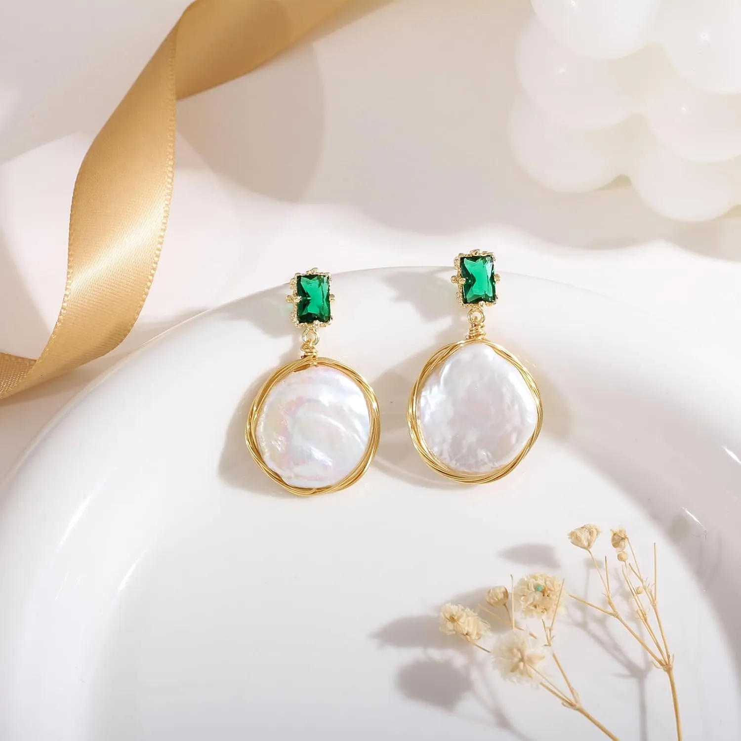 Natural Baroque Freshwater Pearl Dangle Drop Earrings for Women, Wire Wrap Gold Stud Earrings Jewelry with Green Gemstone, Best Gift for Mom Lover Her (14K Gold Plated)