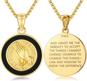Praying Hands Necklace 925 Sterling Silver Serenity Prayer Necklace Amulet Pendant Religious Jewelry for Men Father Husband Son
