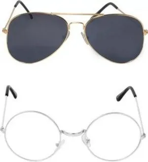 Round, Aviator Sunglasses (For Men & Women, Black, Clear)