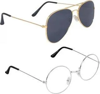Round, Aviator Sunglasses (For Men & Women, Black, Clear)