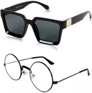Round, Rectangular Sunglasses (For Men & Women, Clear, Black)