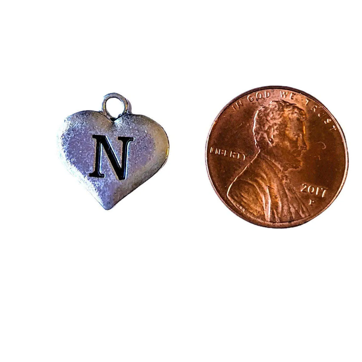 Silver Heart Initial Charm - Letter N