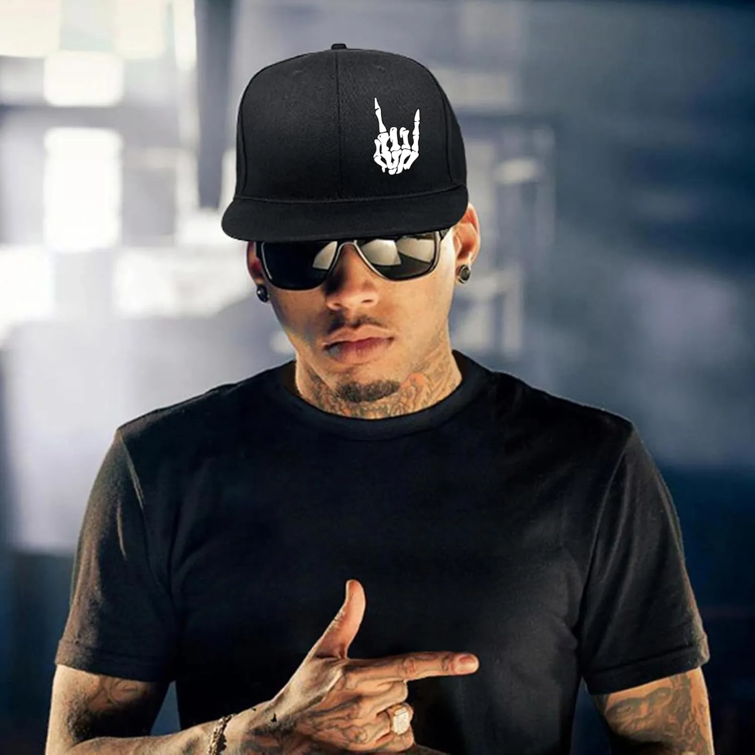 Snapback Hats for Men Skull Hat Flat Bill Hat for Boy Snap Backpack Baseball Cap Skeleton Hand Black