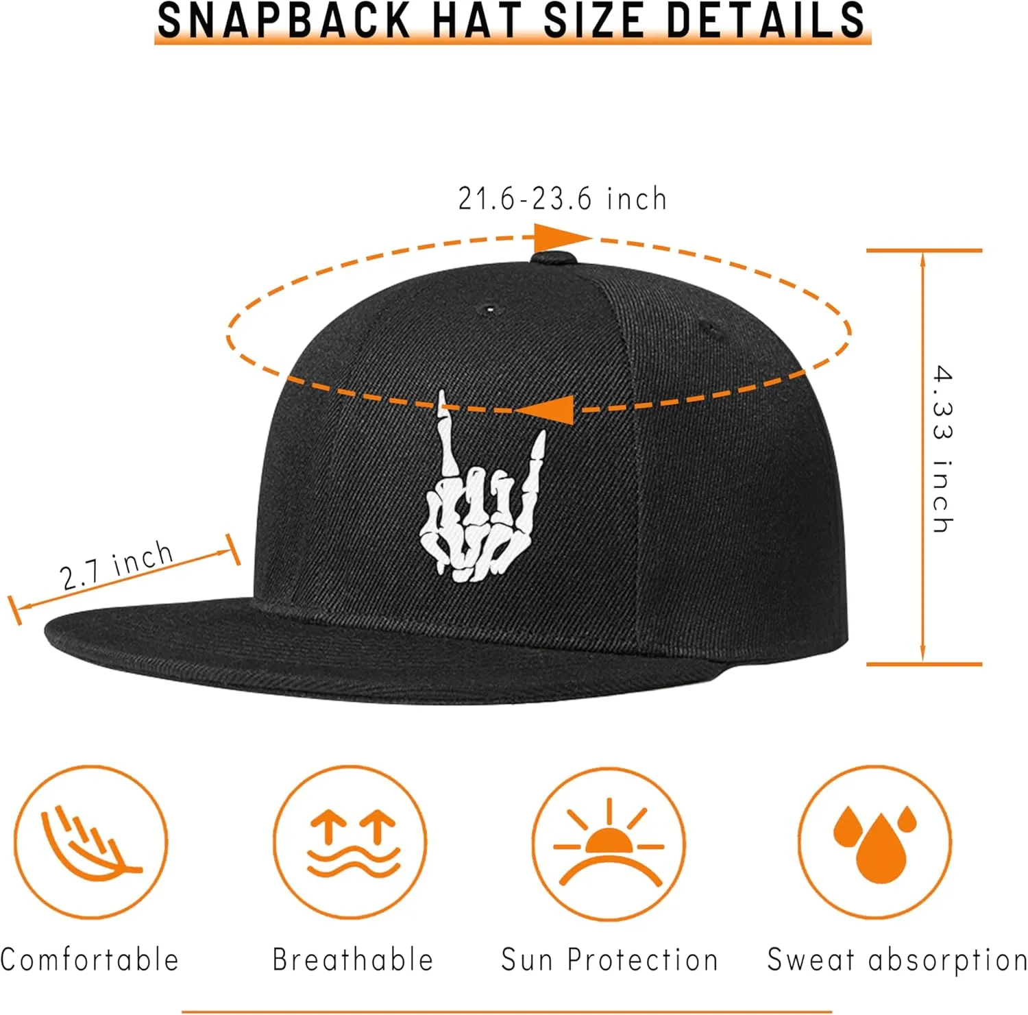 Snapback Hats for Men Skull Hat Flat Bill Hat for Boy Snap Backpack Baseball Cap Skeleton Hand Black
