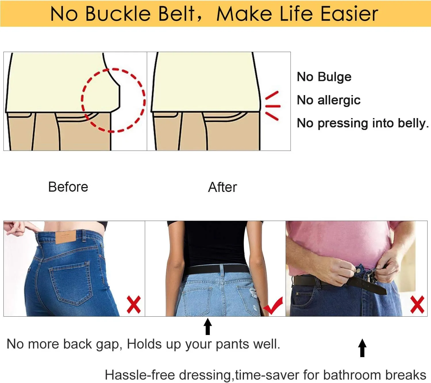 SUOSDEY No Buckle Elastic Stretch Belts for Men and Women, Comfortable Invisible Belts for Jeans Pants
