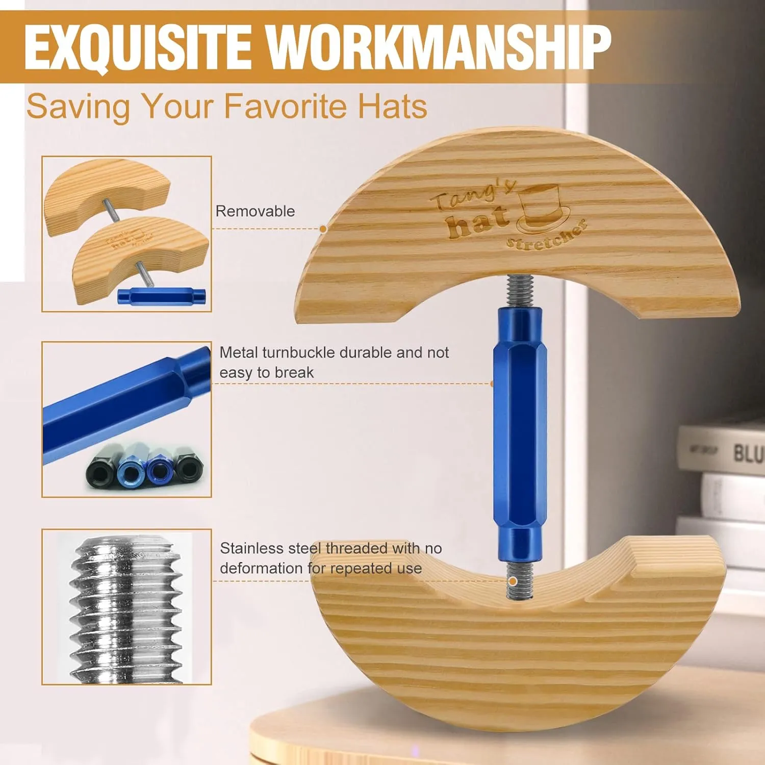 Tang's Wooden Hat Stretcher for Fitted Hats,Adjustable Turn Buckle .OneSizeUnisex AdultsHatShaper, Suit for All Hat Women&Men