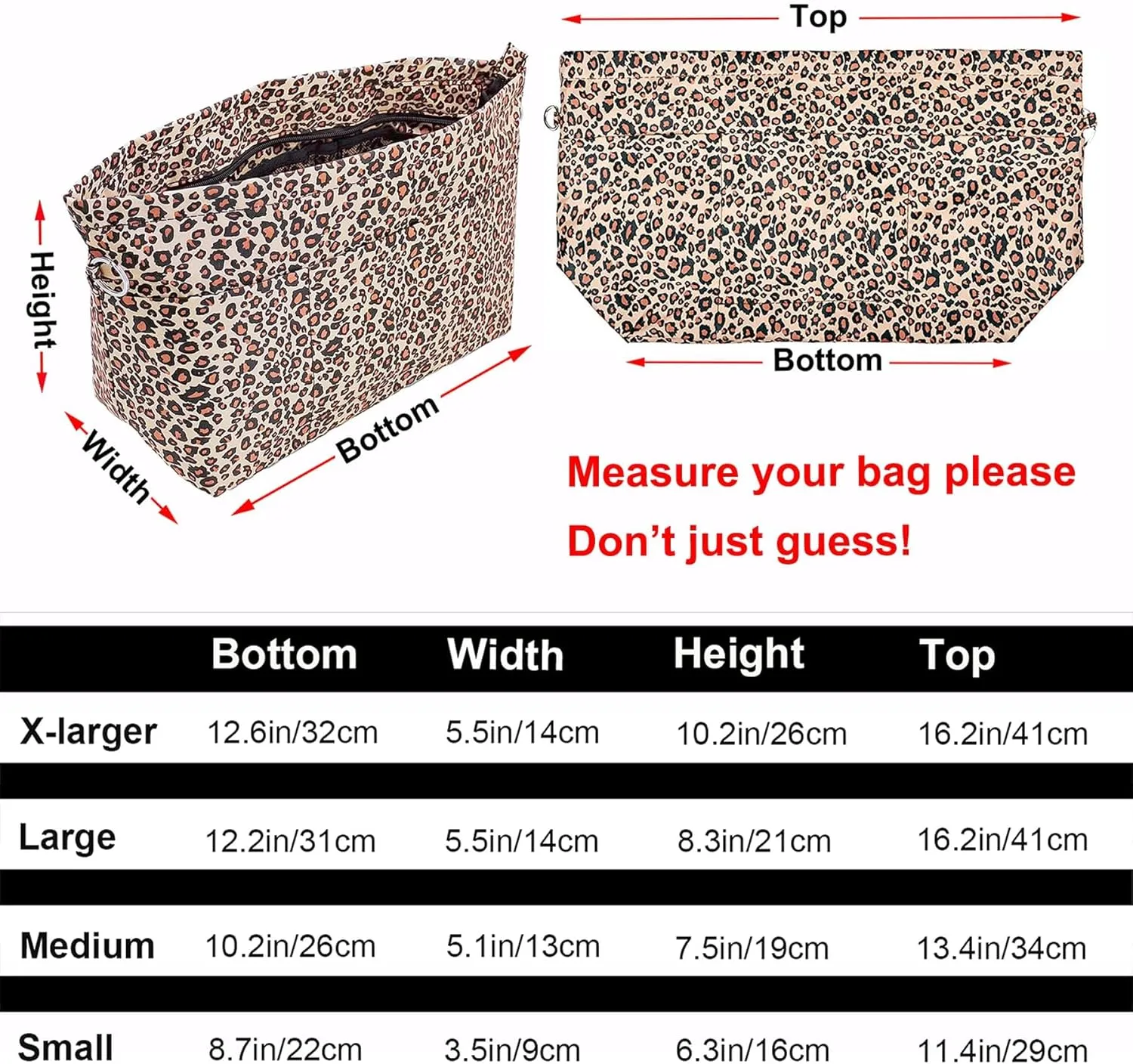 Time Wing Handbag Tote Purse Organizer Insert Bag Liner Shaper Divider Zipper 11 Pockets Compartments Small Leopard