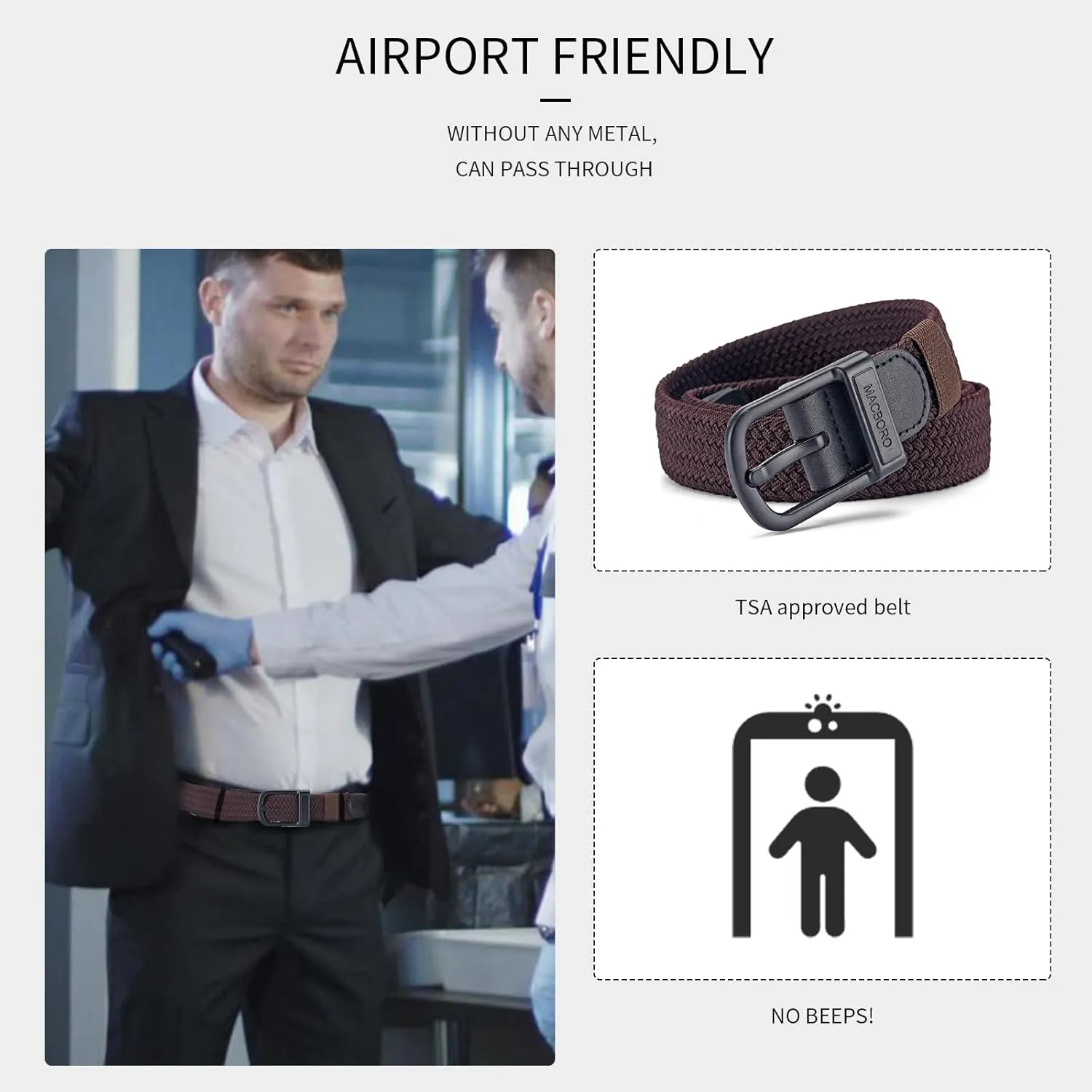 Tsa Approved Hypoallergenic Nickel Free Non Metal Belt for Men Elastic Stretch Braided Golf Accessories Belt